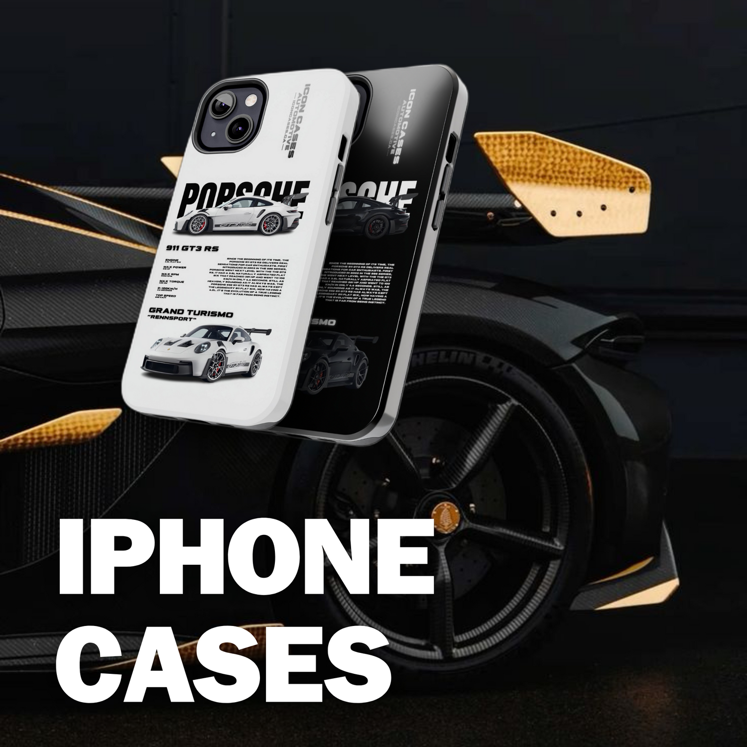 Car phone case collection featuring classic, modern, and racing car designs