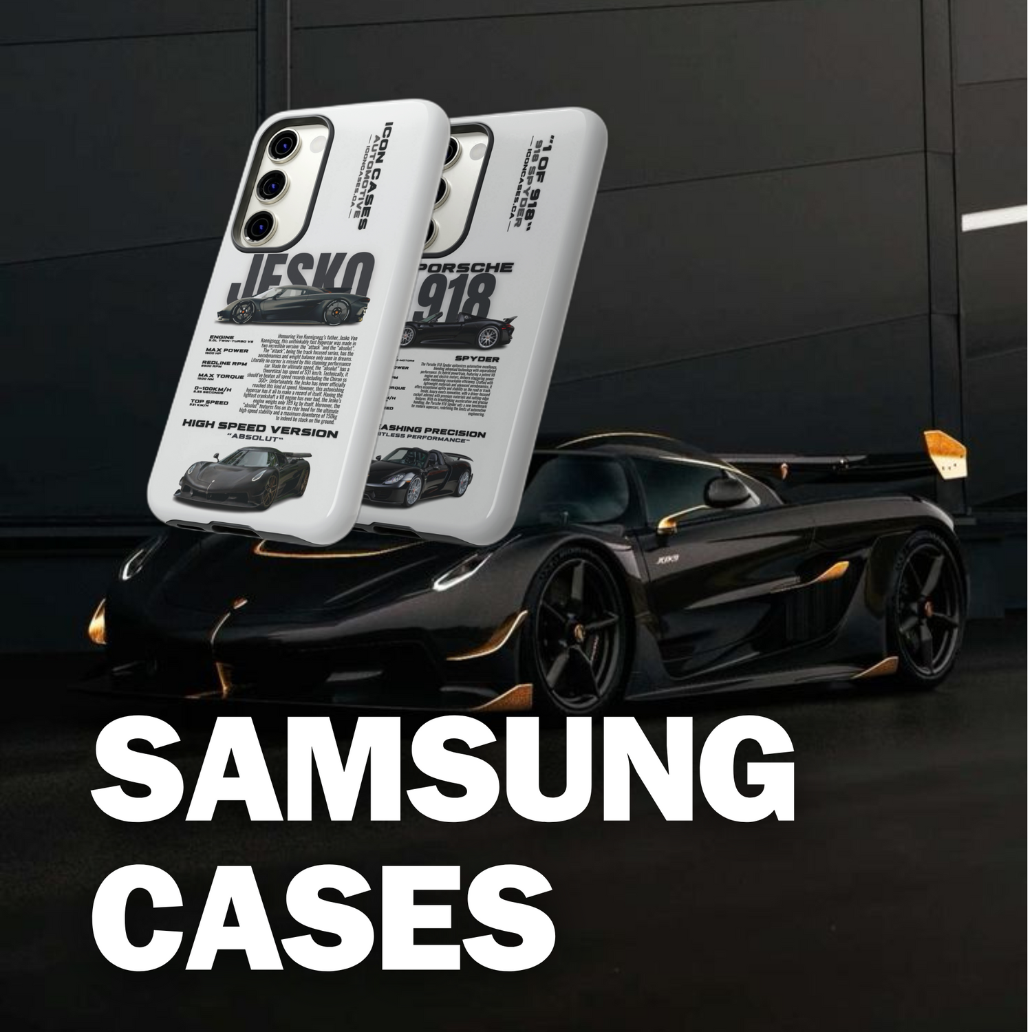 Car phone case collection featuring classic, modern, and racing car designs