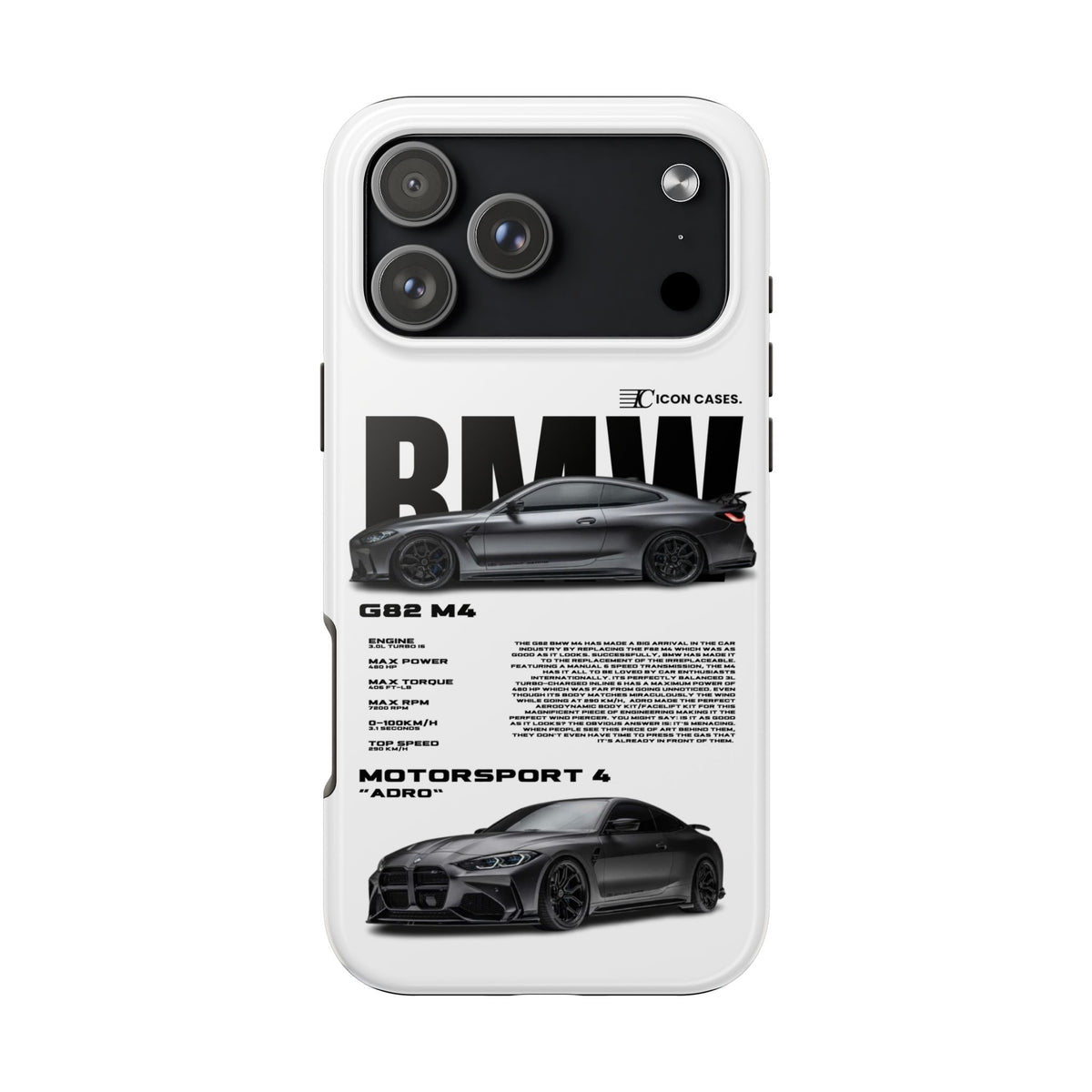 A white phone case featuring a black and white graphic print of a BMW G82 M4, including the BMW logo, car illustrations, and technical specifications, shown on a plain white background.