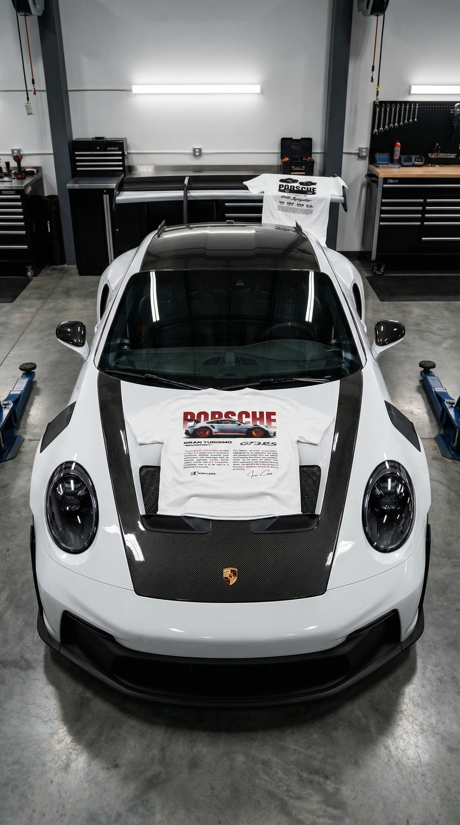 White Porsche GT3RS in a garage with Porsche shirts on it.