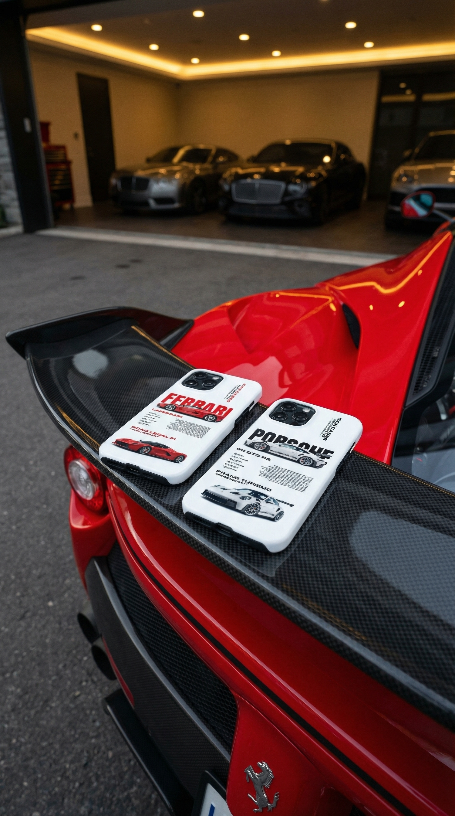 Two Ferrari car phone cases on a red car with other cars in the background.